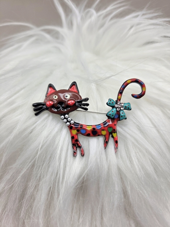 Jewelry - Whimsical Red Cat Brooch with Green Polka-Dot Bow, NWOT